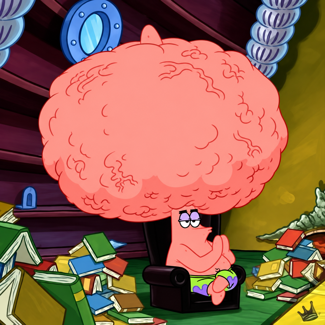 Patrick with an absurdly large brain, surrounded by books